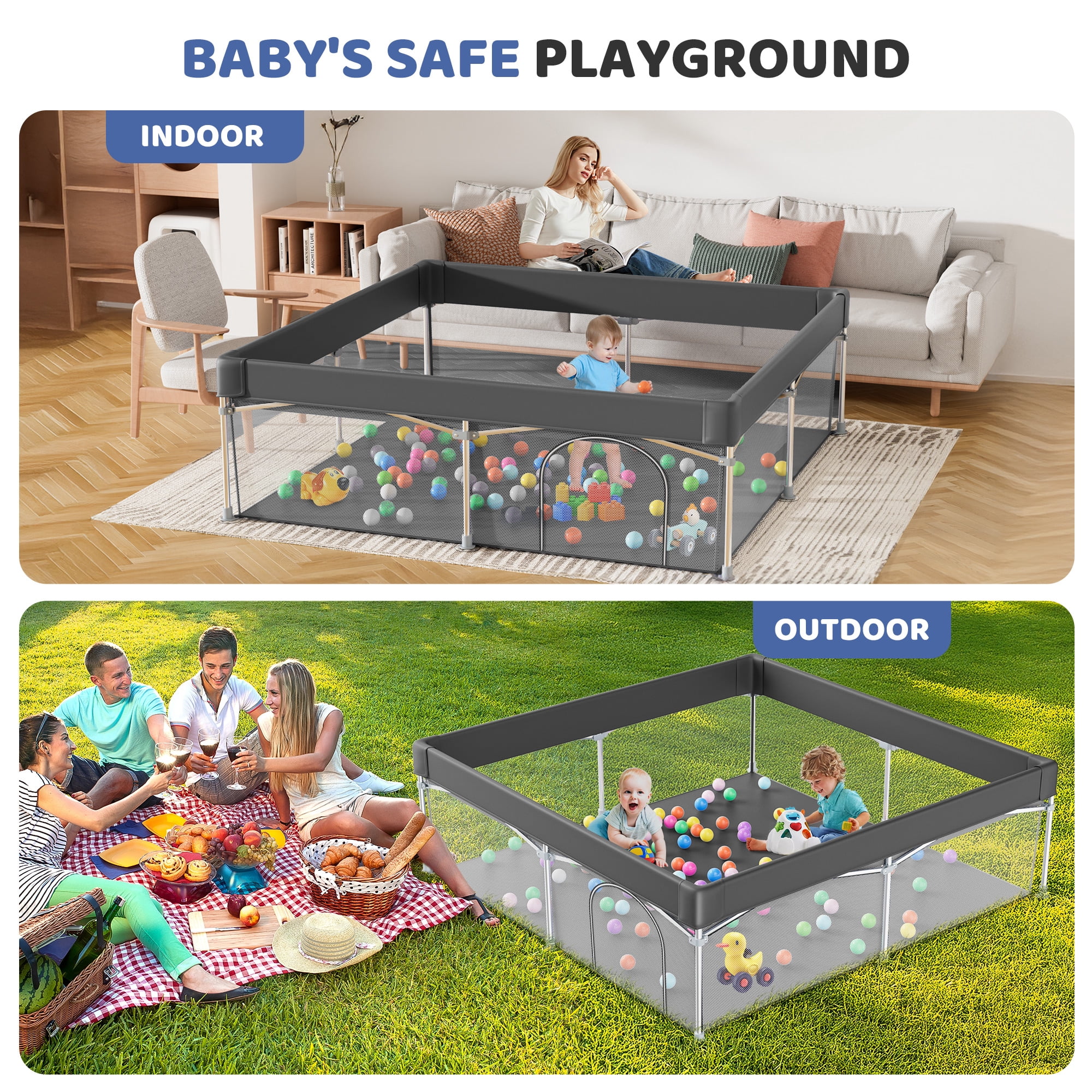 babyeap Foldable Baby Playpen,Playpens for Babies and Toddlers with Storage Bag,Indoor & Outdoor Baby Fence Play Pen Area,Dark Gray