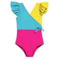 thumbnail image 4 of YTCAMLO Little Girls One Piece Swimsuits Summer Fashion Color Block Patchwork V Neck Ruffle Sleeve Bathing Suits Quick Dry Beach Swimwear, Yellow 7-8 Years, 4 of 8