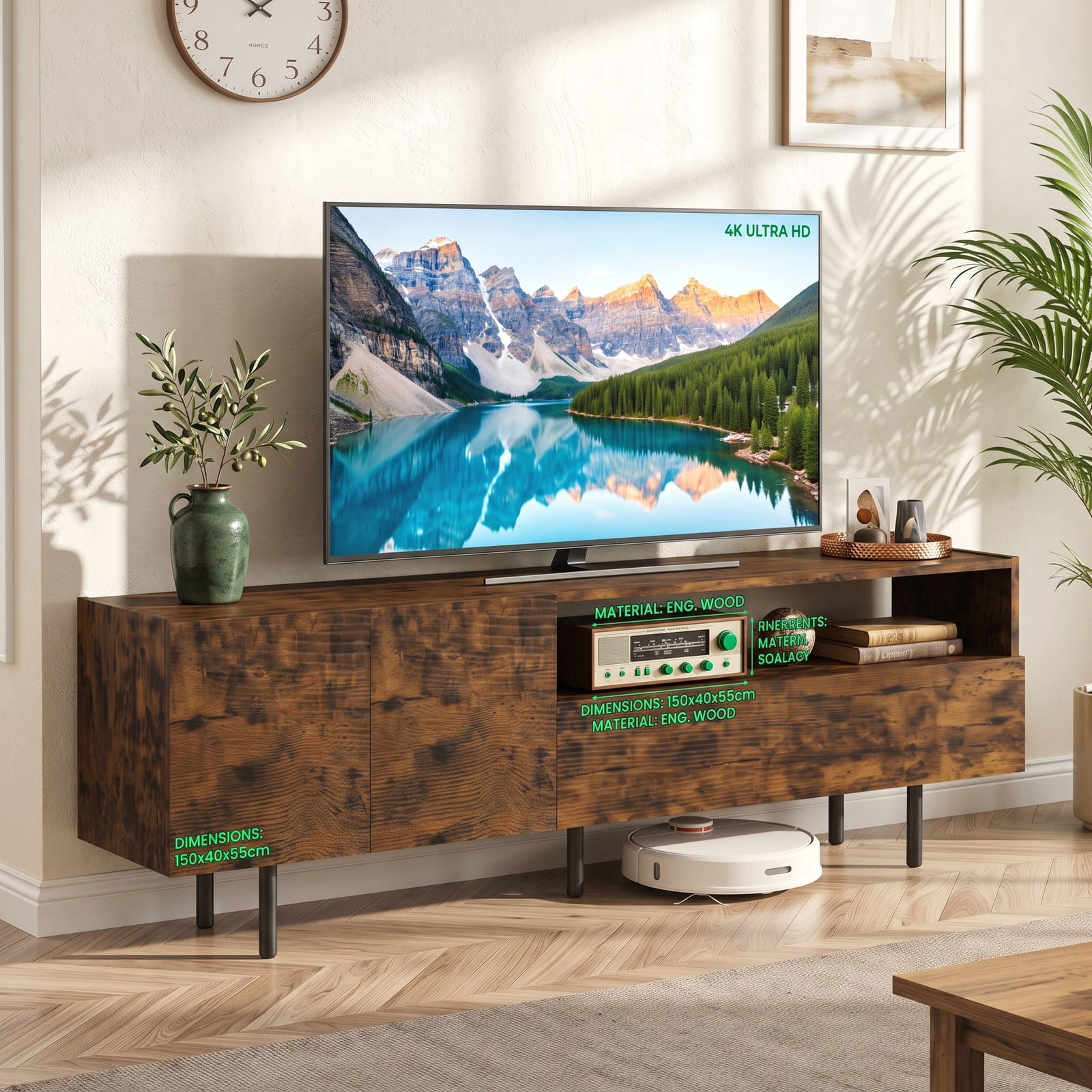 Furnibear 60 inch TV Stand for TVs up to 70 Inch with Storage Cabinet, Open Shelf and Raised Metal Legs, Rustic Farmhouse Entertainment Center Media, Rustic Brown