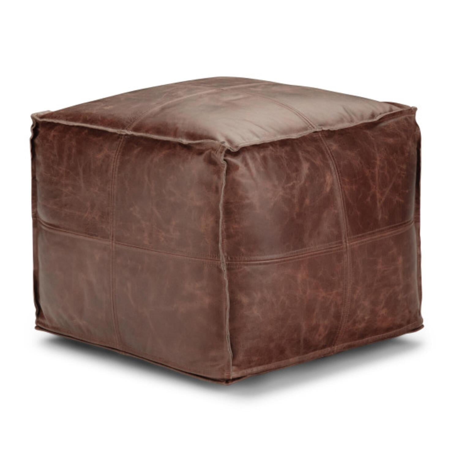 Sheffield Boho Square Pouf in Brown Genuine Leather