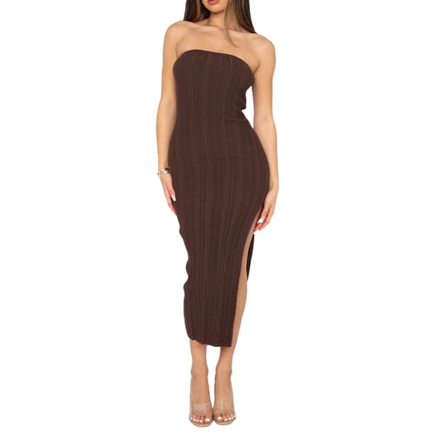 VISgogo Vestido sin hombros para mujer, sin mangas, sin tirantes, de color sólido, con abertura alta, plisado, ajustado, ropa informal de una pieza VISgogo moda