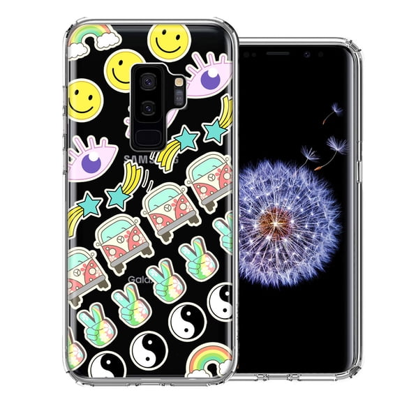 MUNDAZE For Samsung Galaxy S9 Plus 70's Yin Yang Hippie Happy Peace Stars Design Double Layer Phone Case Cover