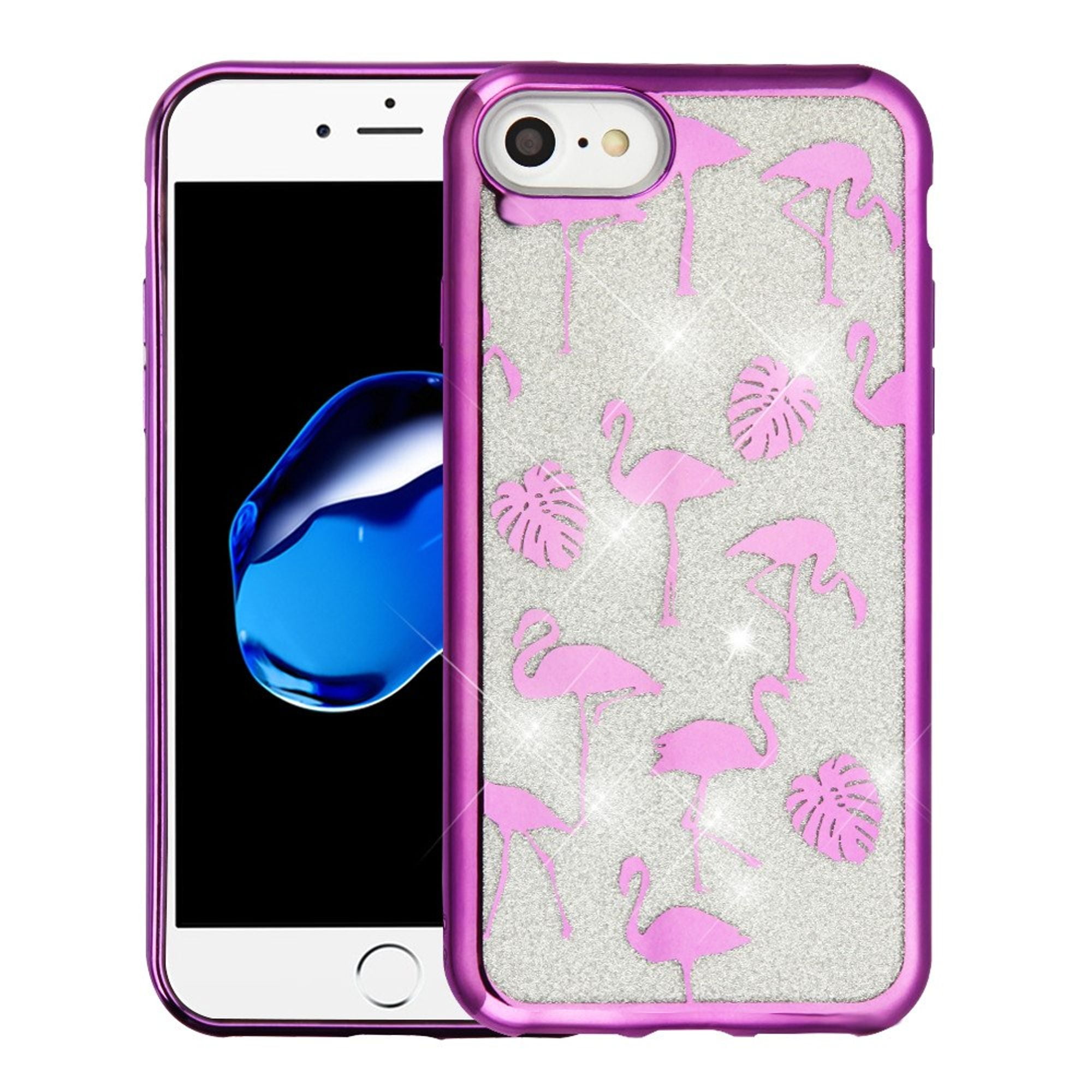 For iPhone SE 2020 SE2 Case, by Insten Glitter Flamingo Land Dual Layer