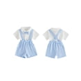 thumbnail image 2 of BemeyourBBs Newborn Baby Boy Summer Clothes Gentleman Outfit False Two-Piece Romper Short Sleeve Bowtie Contrast Color Jumpsuit Shorts Clothes Casual Blessing Baptism Day Church Outfit, 2 of 9