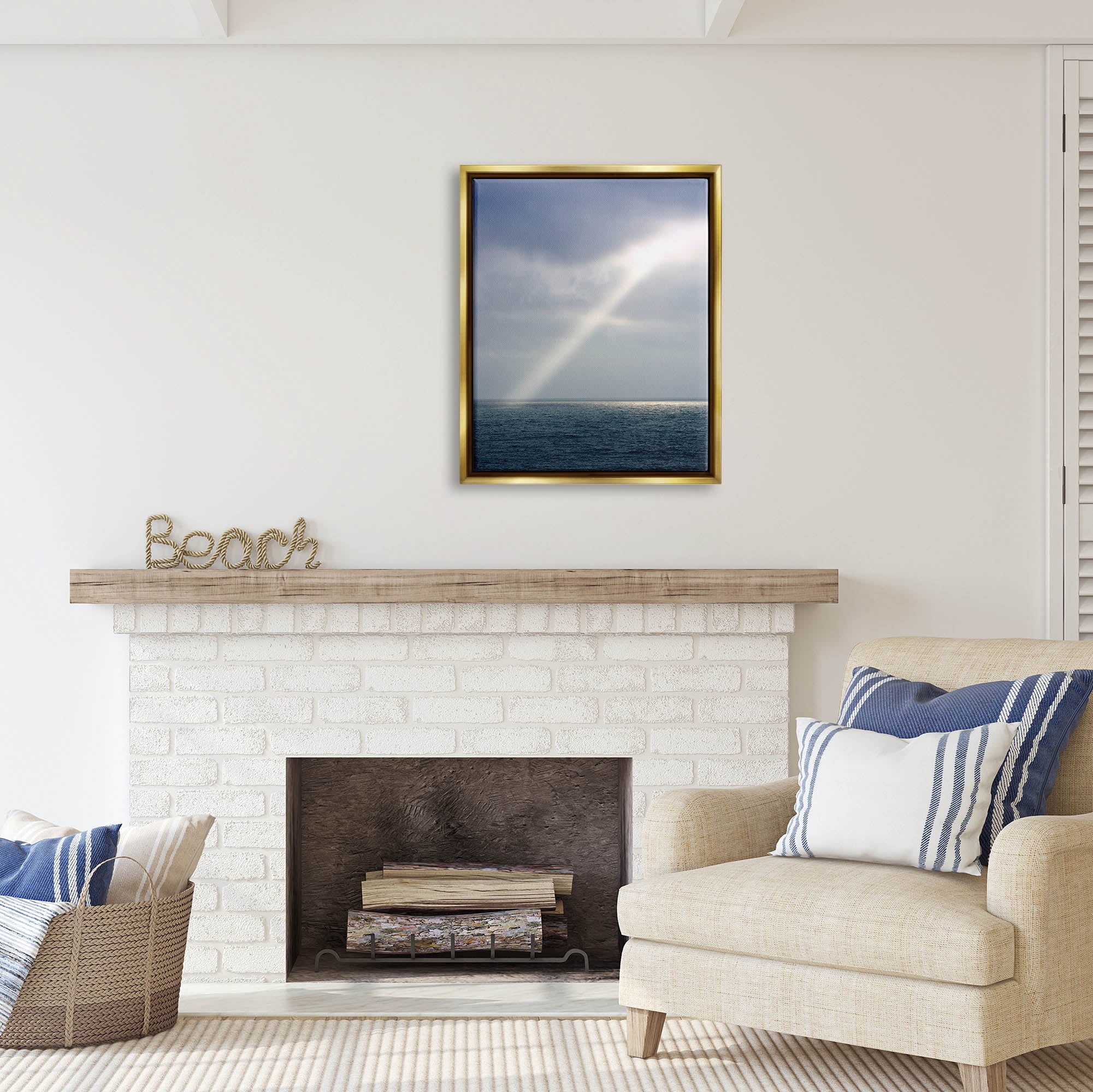 Stupell Industries Sun Rays Shining Ocean Clouds Coastal Photography Gold Floater Framed Art Print Wall Art