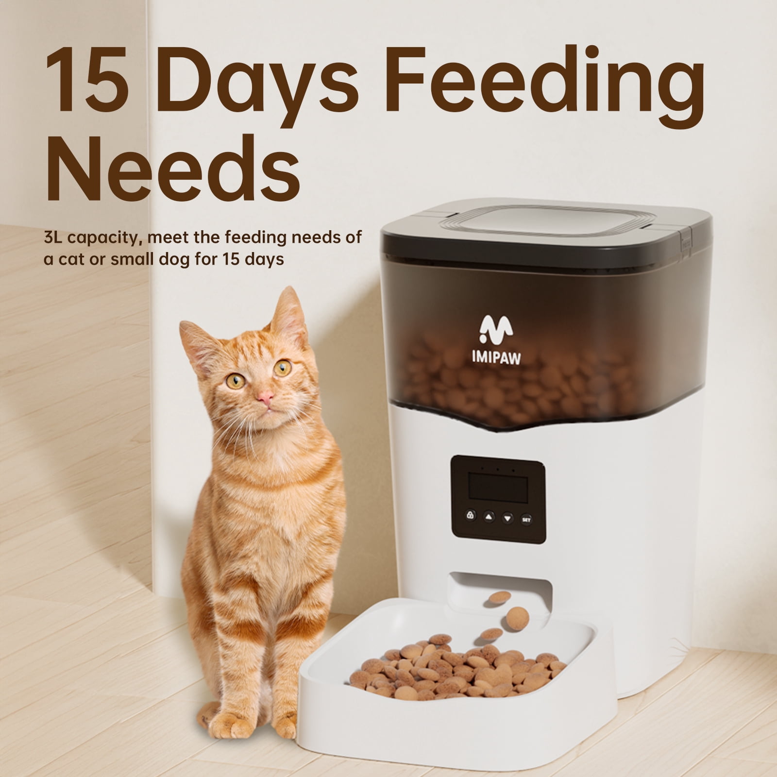 IMIPAW 3L Automatic Cat Feeder – Smart Pet Food Dispenser for Cats & Dogs with LCD Display, Programmable Timer, Dual Power Supply, 4 Meals/Day, 1–9 Portion Control, Easy to Clean, Fresh-Keeping Desi