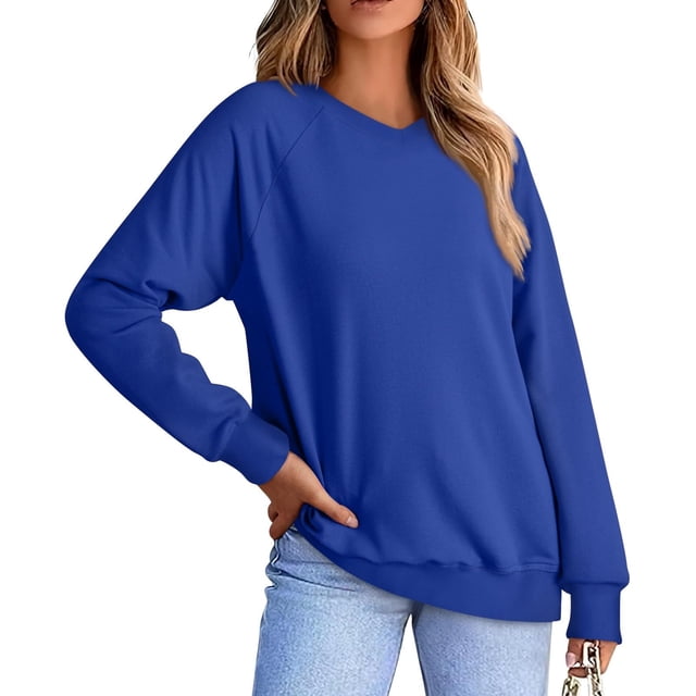 Plebaso Sweatshirts Décontractés à Manches Longues Col en V pour Femmes Pull Confortable Couleur Unie
