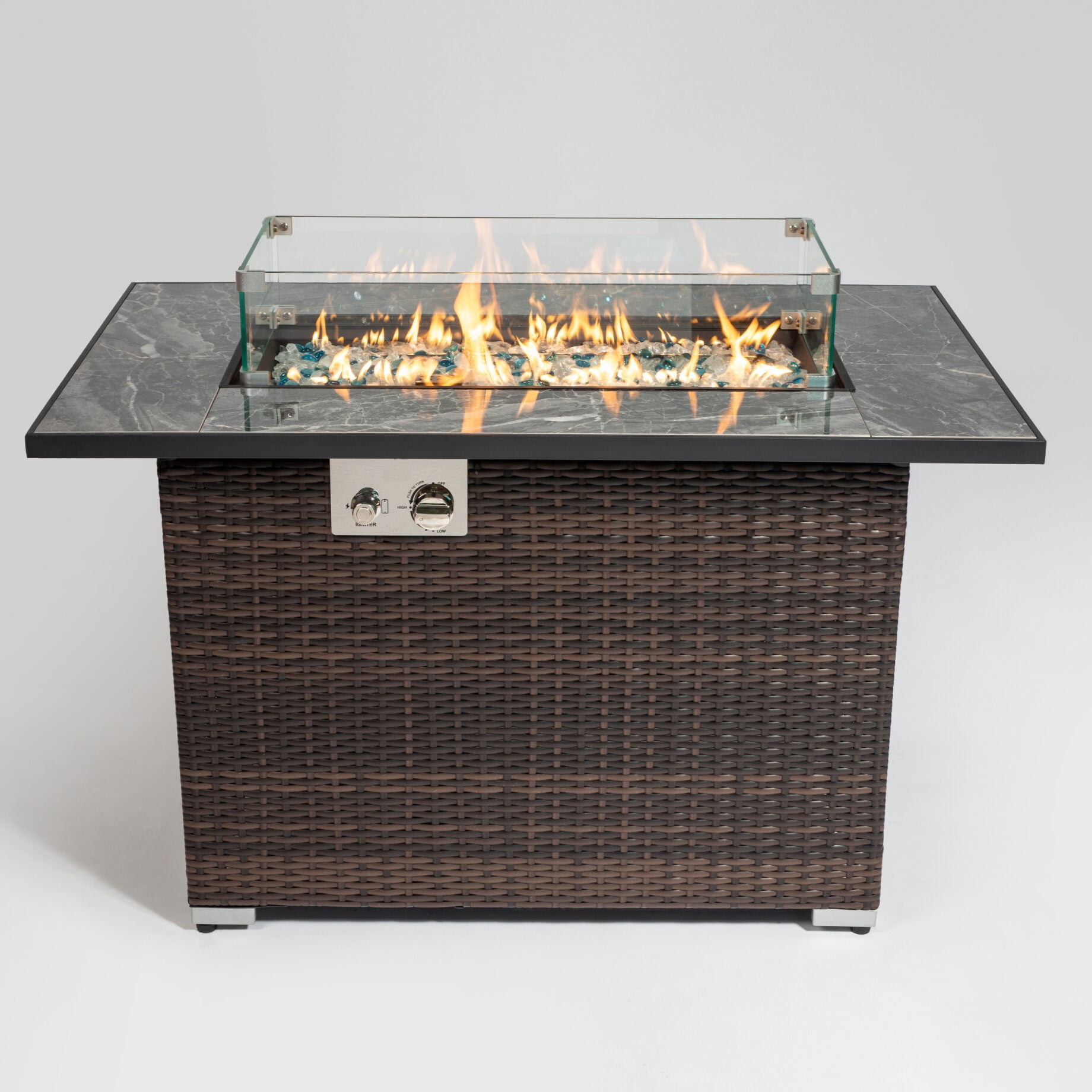 44inch Outdoor Fire Pit Table, Propane Fire Table with Ceramic Tabletop and Rain Cover, Rectangular Rattan Gas Fire Table for Outdoor Parties, Family Fun, Patio Decor