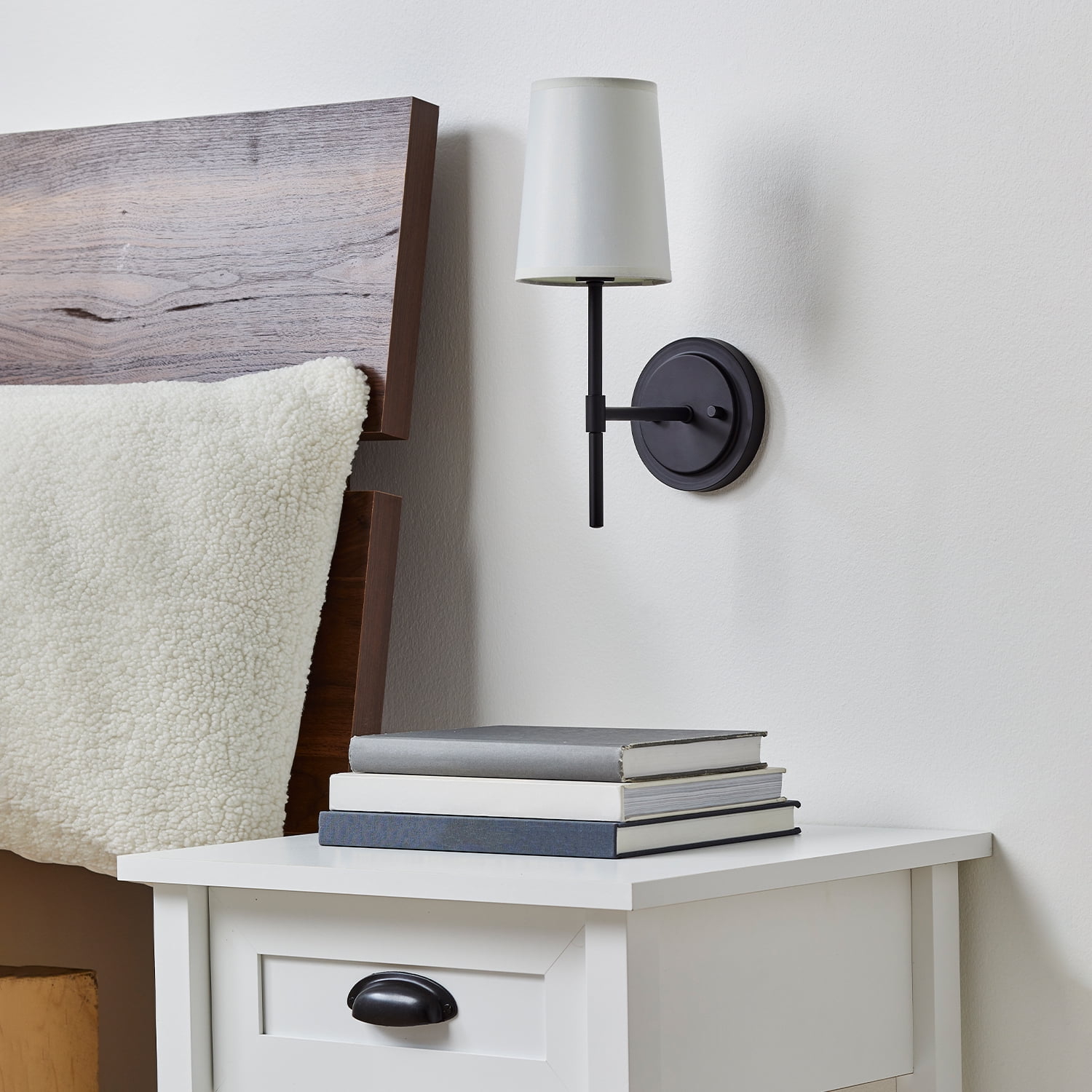 Better Homes & Gardens Matte Black 1-Light Indoor Wall Sconce, White Fabric Shade, Bulb Included