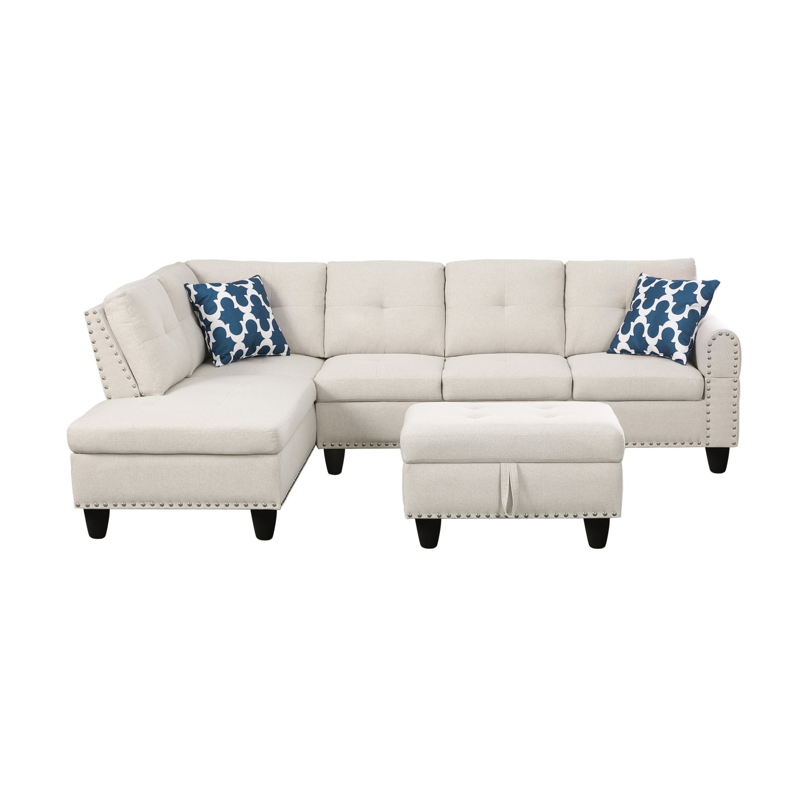 Hommoo L-Shaped Upholstered Sectional Sofa Couch with Storage & Cup Holders, Linen Living Room Sofa Set, With Ottoman, Beige