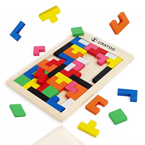 Zoostliss Wooden Tetris Puzzle Brain Teasers Toy Tangram Jigsaw Intelligence Colorful 3D Russian Blocks
