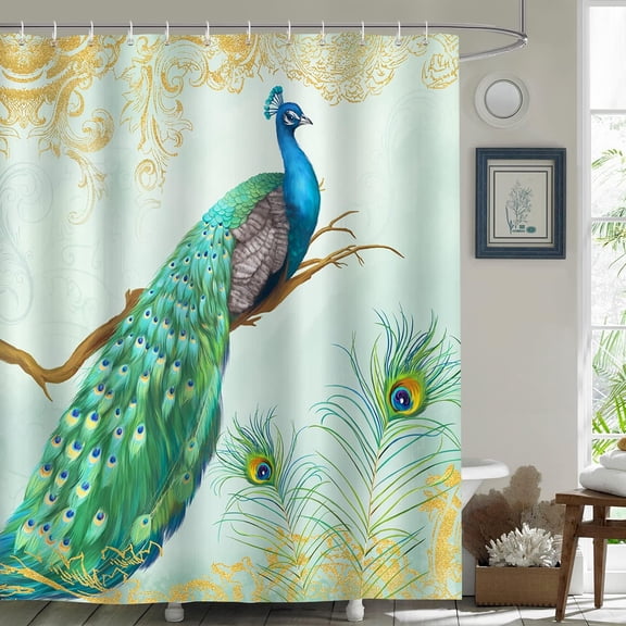 Peacock Shower Curtain Teal Green Peacock Feather Decorative Bath Curtain 72 x 72 Inch Polyester Fabric Waterproof Bathroom Curtain with 12 Hooks
