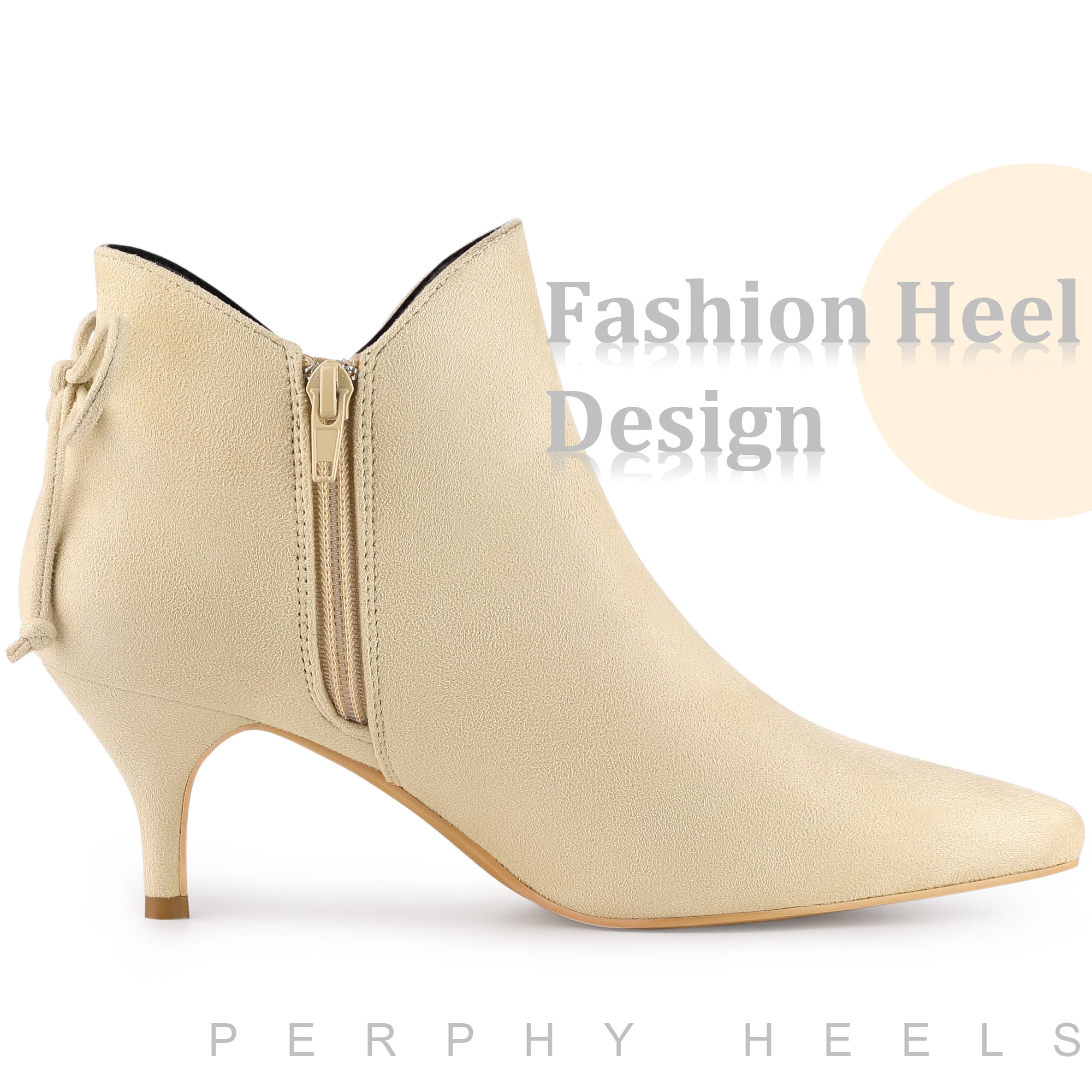 DARING DIVA Women's Pointed Toe Bow Cutout Kitten Heel Ankle Boots Beige 7.5