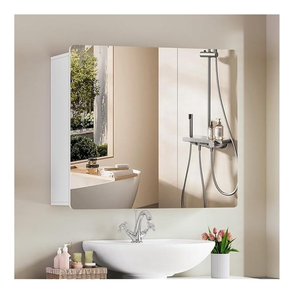 27.5” Bathroom Medicine Cabinet with 2 Mirror Doors, 2 Adjustable Shelves, Recessed or Wall Mounted Storage Cabinet for Bathroom Organization, White