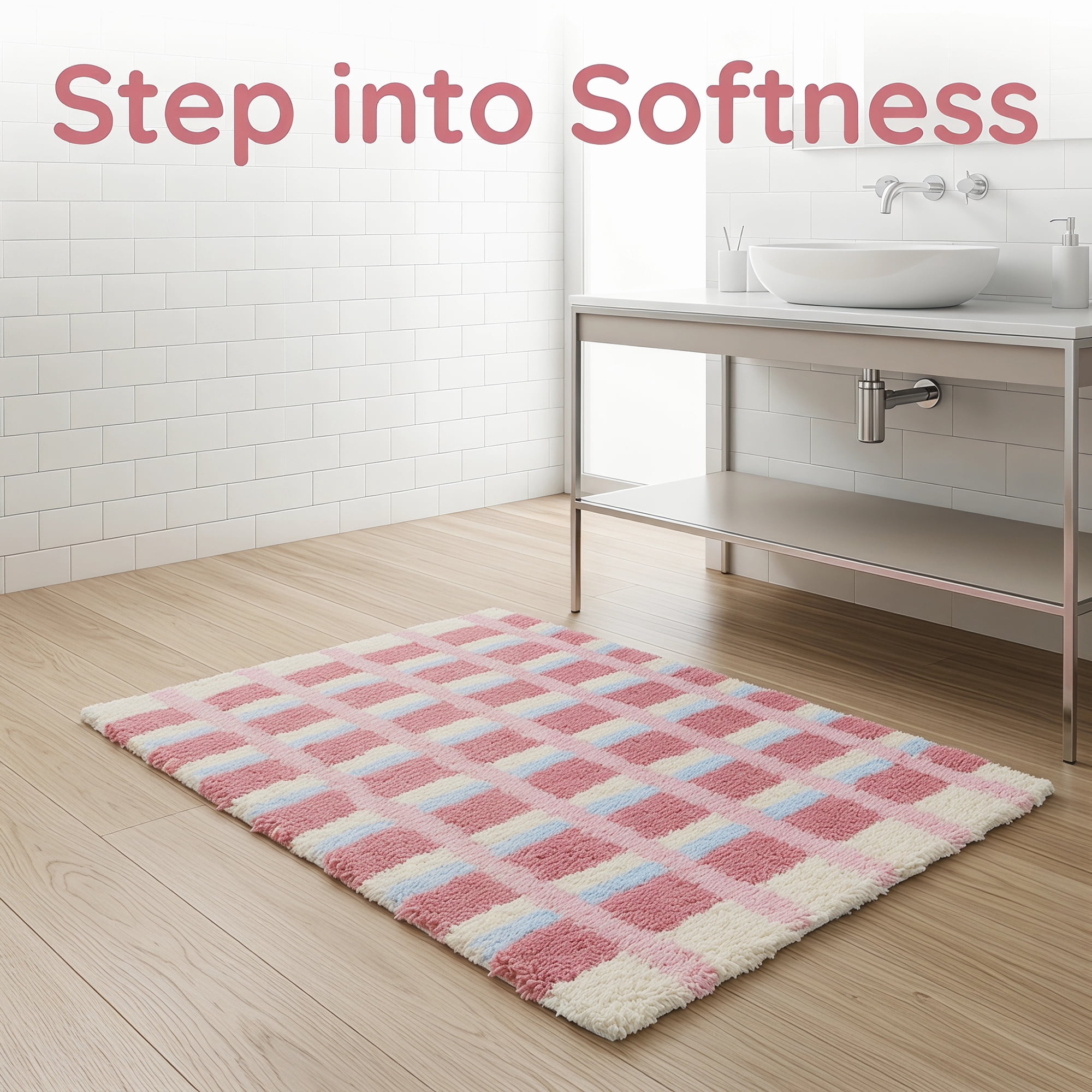 Unique Bargains Absorbent Plush Non-Slip Washable Checkered Rug Pink 24" x 16"