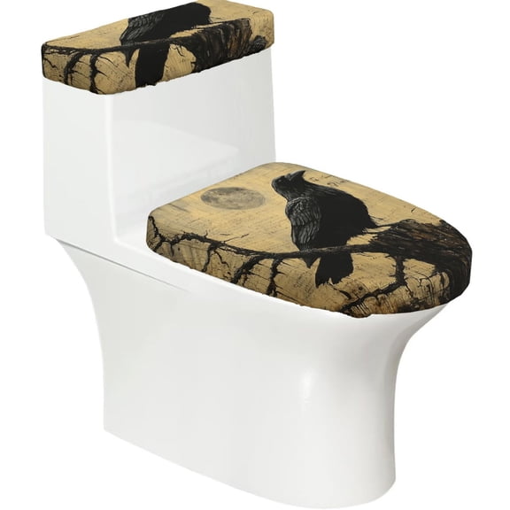Crow Raven Vintage 2-Piece Elastic Toilet Lid and Tank Cover Set Soft Universal Fit Bathroom Decor Protector
