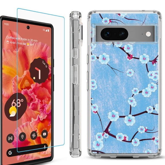 OneToughShield ® Compatible with Google Pixel 8, Shockproof Phone Case, with Tempered Glass Screen Protector - Blossom Sky