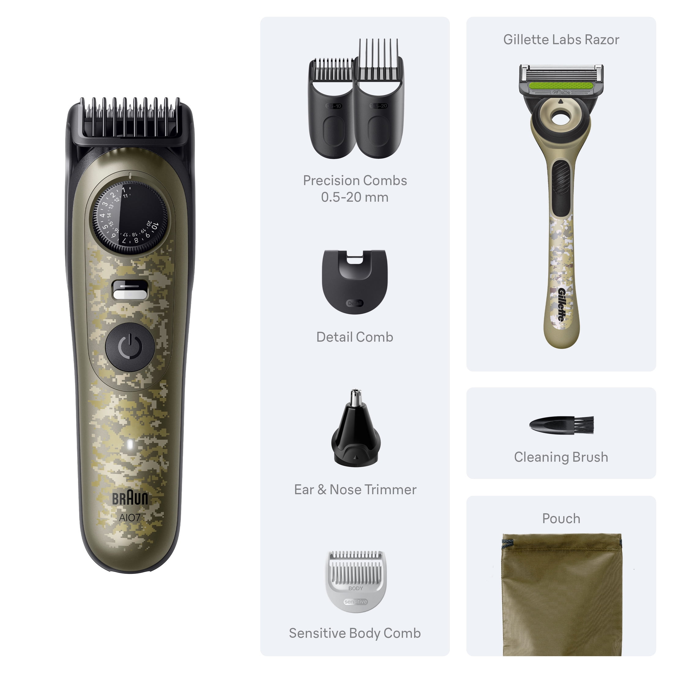 Braun All-in-One Series 7 Trimmer Kit, 40 Lengths, Lifetime Sharp Metal Blade, AIO 7550, Camouflage Green