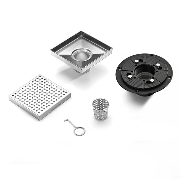 JERFIT 6" Square Shower Drain Cover, Brushed Nickel Grid Strainer with Flange, ABS & 304 Stainless Steel Bathroom Floor Drain for Fast Waterflow