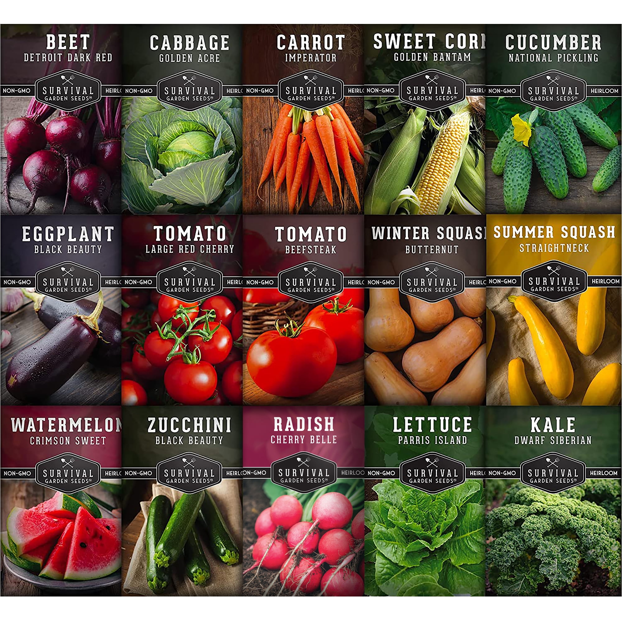 Survival Garden Seeds Vegetable Garden Collection - 15 Packs of Non-GMO Heirloom Vegetable Seeds - 15 Full Sun Vegetables