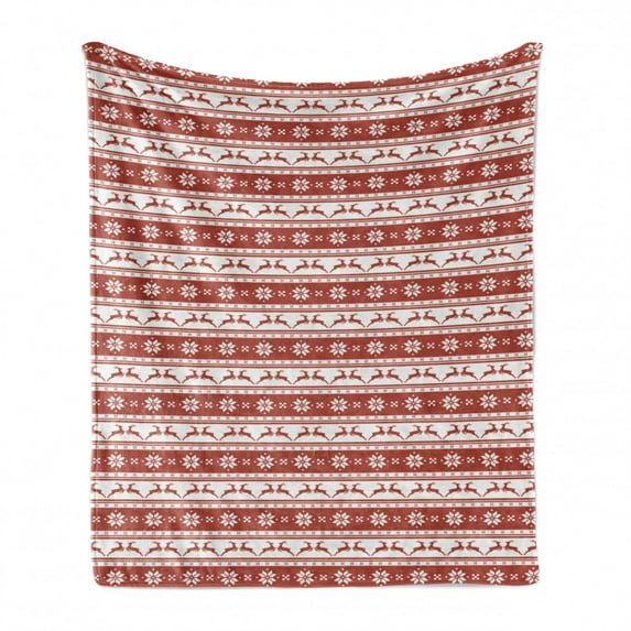 Christmas Soft Flannel Fleece Blanket, Xmas Winter Themed Deers Snowflakes in Nordic Pattern Borders and Lines Artwork, Cozy Plush for Indoor and Outdoor Use, 70" x 90", Ruby White, by Ambesonne