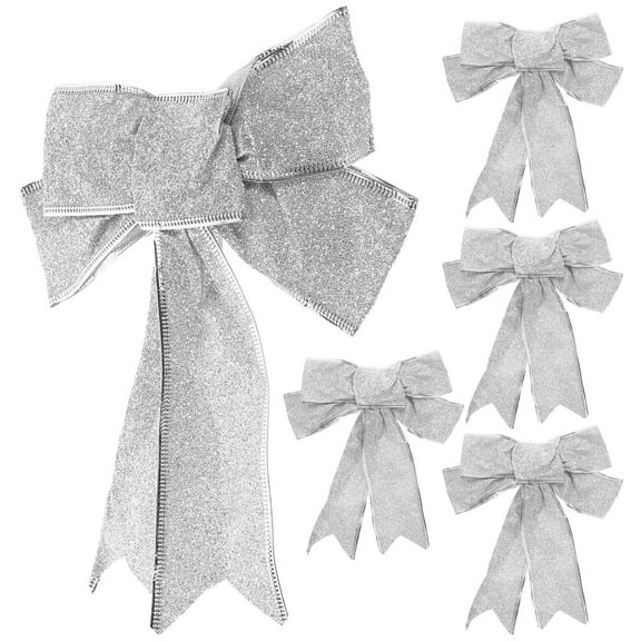 HAMPPLIES 5Pcs Silver Christmas Ribbon Bow for Seasonal 9.8x7.9x0.6in Fabric
