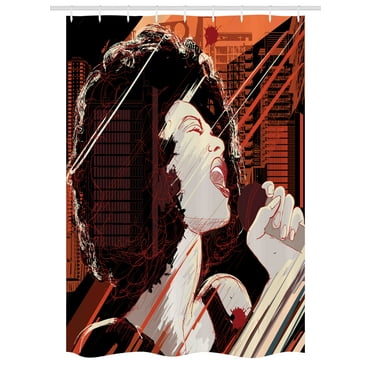 African Stall Shower Curtain, Jazz Singer Woman Performing on the Grunge Background Musical Sound Illustration, Fabric Bathroom Set with Hooks, 54W X 78L Inches, Black Red, by Ambesonne