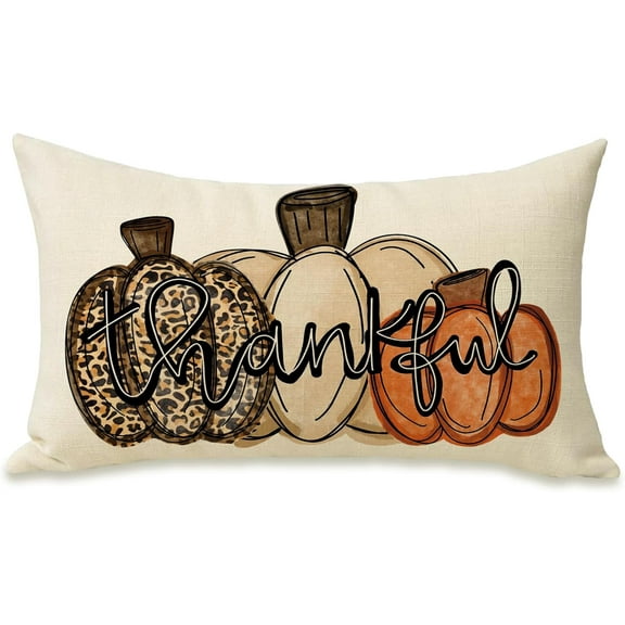 Thankful Thanksgiving Lumbar Decorative Rectangle Pillow Cover 12 x 20, Fall Leopard White Pumpkin Porch Patio Outdoor Pillowcase, Autumn Seasonal Sofa Couch Cushion Case Home Decor