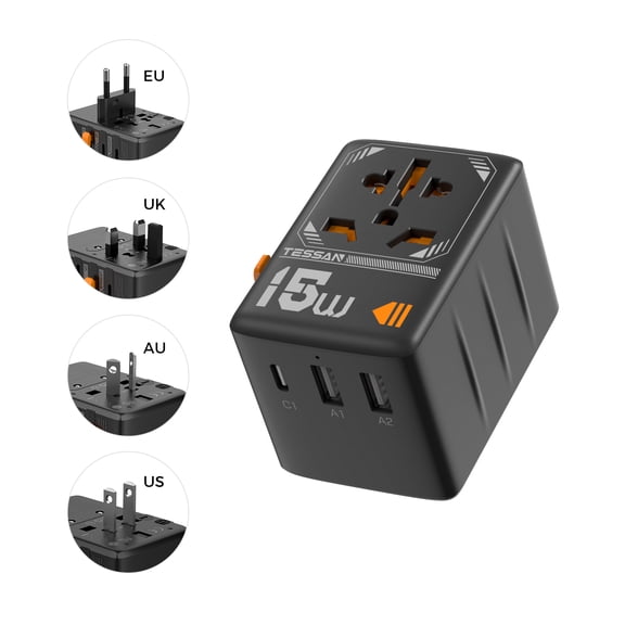 TESSAN Universal Travel Plug Adapter Worldwide, All-in-One International Wall Charger with USB-C for UK EU US AU, Black