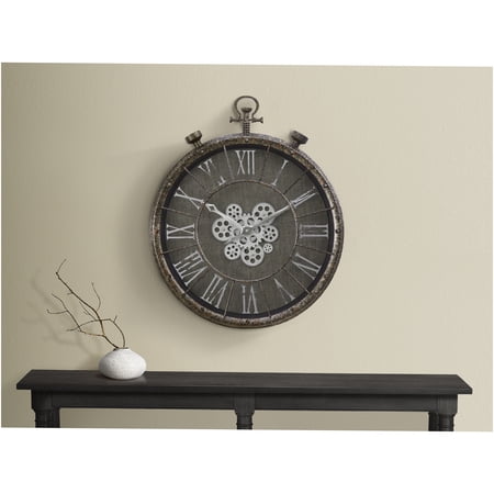 JERFIT 24 Inch Vintage Industrial Wall Clock with Moving Gears, Roman Numerals, Silent Non Ticking