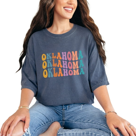 Oklahoma, US State Themed, Groovy Retro Wavy Text, Denim Comfort Colors T-Shirt, Small