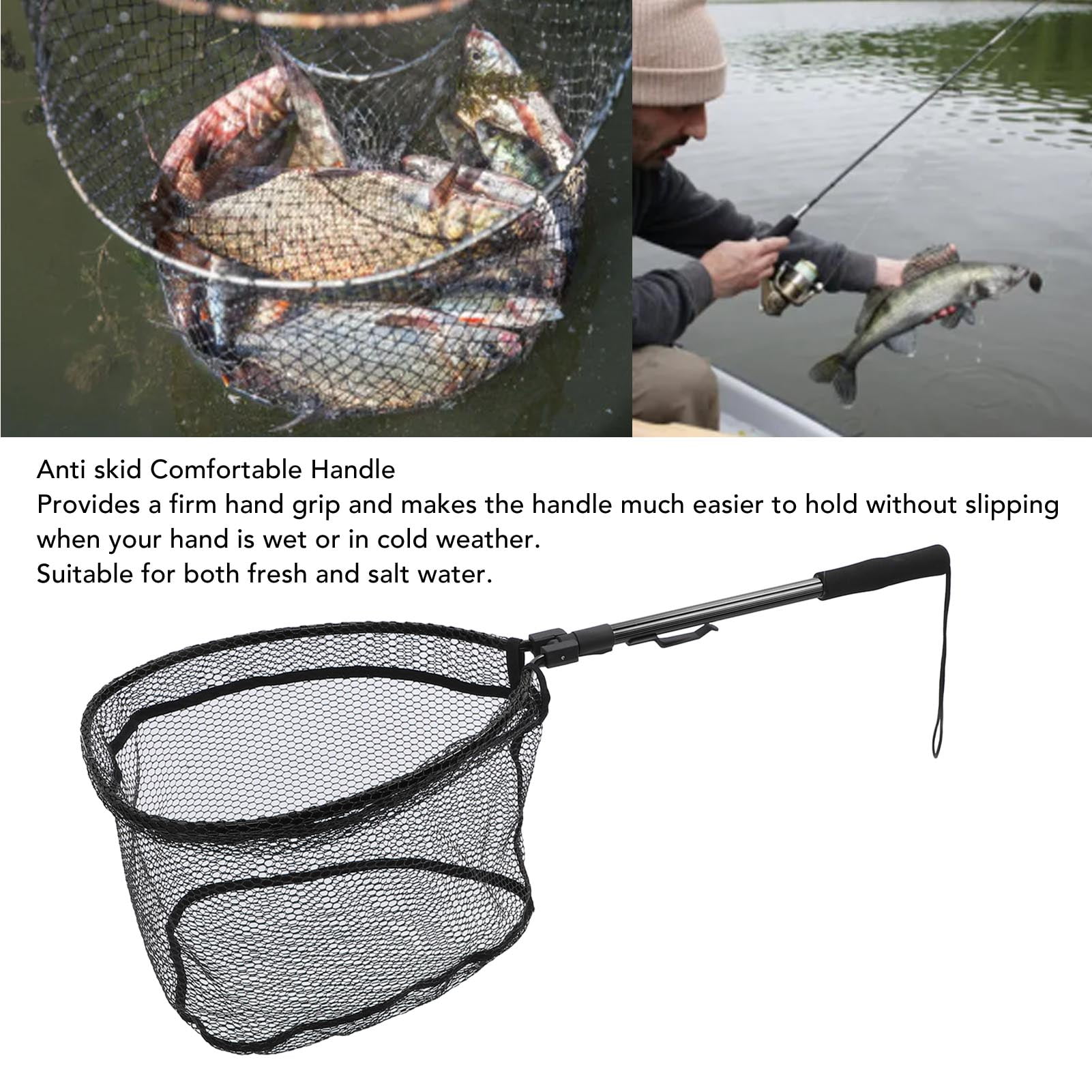 Rupoun Premium Aluminum Alloy Floating Fishing Net Fish Landing Net with Rubber Mesh Safe Catch Release Compact Foldable Portable Net 18.1 inches / 46 cm Black Edition