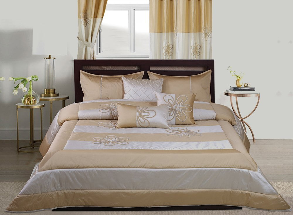 WPM Designer Collection Bedding Set 7 Piece Beige Cream/Gold Luxurious