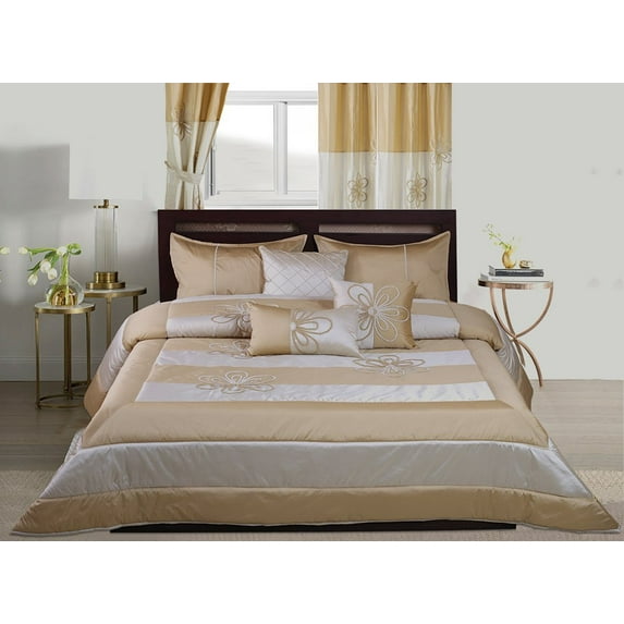 WPM Designer Collection Bedding Set 7 Piece Beige Cream/Gold Luxurious Bed In a Bag QUEEN size comforter Flower Embroidered includes 1 Comforter, 2 Shams, 1 Bedskirt, 3 Décorative Pillows?