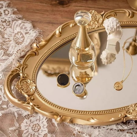 Latrodar European Retro Carved Mirror Tray Cake Dessert Plates Jewelry Plates Living Room Photo Props Tea Tray Storage Plates Gold Durable 9.6x1.4 Inch