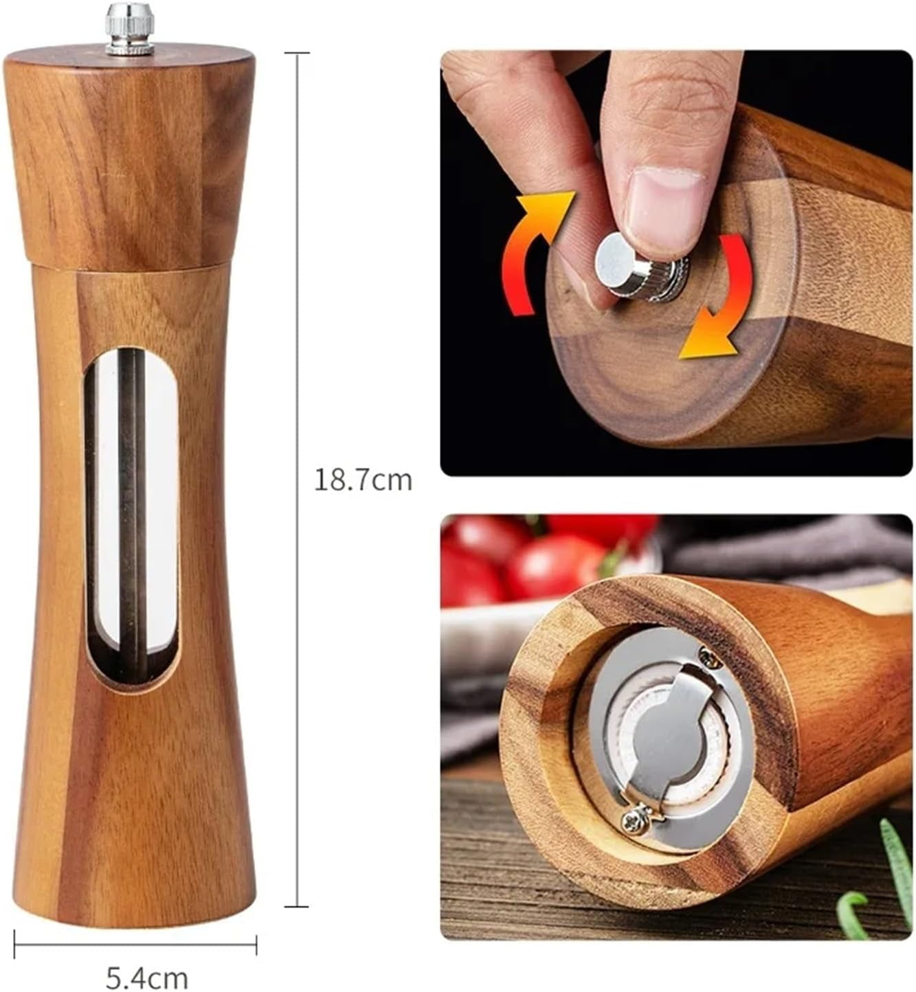 Wooden Salt and Pepper Grinder Set,Manual Pepper Mill Grinder,Salt and Pepper Grinder Set with Ceramic Core,Refillable Pepper Grinder with Acrylic Visible Window,Pepper Grinder For Seasoning,2 Pack