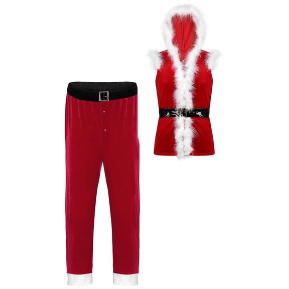 TiaoBug Men's Santa Claus Cosplay Costume Christmas Party Outfits Santa Velvet Tank Top Long Pants with Belt Set B Red XXL