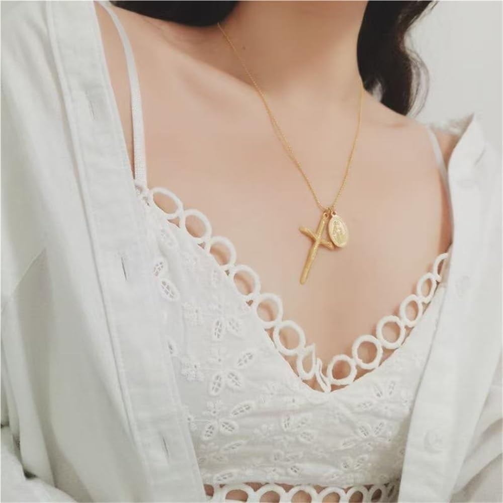 Medal Mary and Crucifix Gold Plated Miraculous Medal Medallion Necklace Women