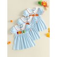 thumbnail image 3 of RUINIXCW Toddler Baby Girl Halloween Dress Outfit Kids Baby Girl Summer Fall Dress Clothes Pumpkin Ghost Letter Embroidery Doll Collar Short Sleeve Striped Dress, 3 of 9