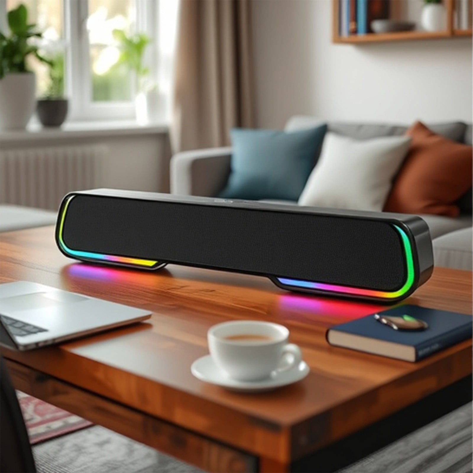 Qocolhg Portable Soundbar Bluetooth Speaker, Computer Speakers for Desktop, Wireless Bluetooth 5.0 Speakers with 7-Color Ambient Light, Strong Basses And High Power for Home, Outdoors, Travel