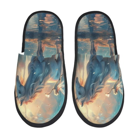 Balery Forest Lake White Horse Slient Indoor Furry Fleece Comfort House Shoes Soft Non-Slip Home Shoes Cotton slippers House Slippers-- Large