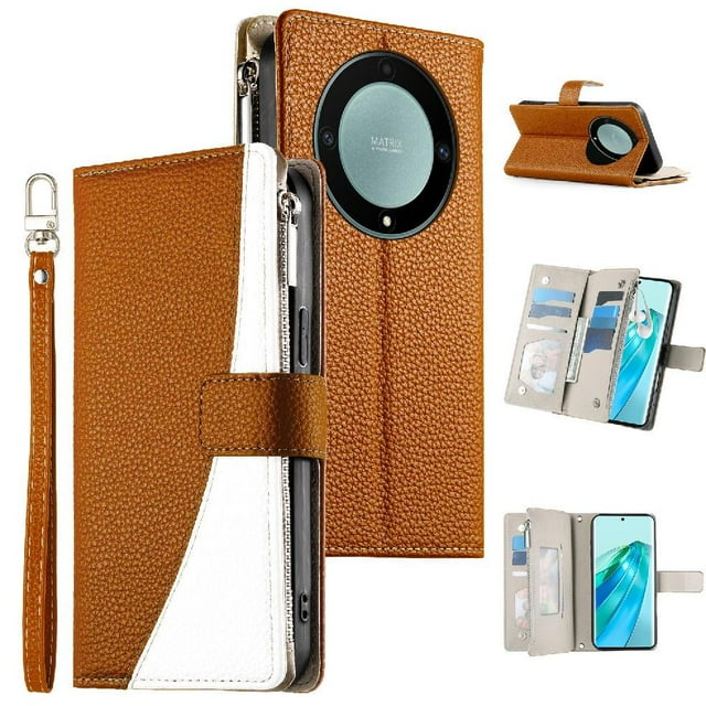 Funda cartera GANGXUN para Honor Magic 5 Lite , cuero PU con tarjetero, cremallera, correa de mano, soporte y protección 1412°