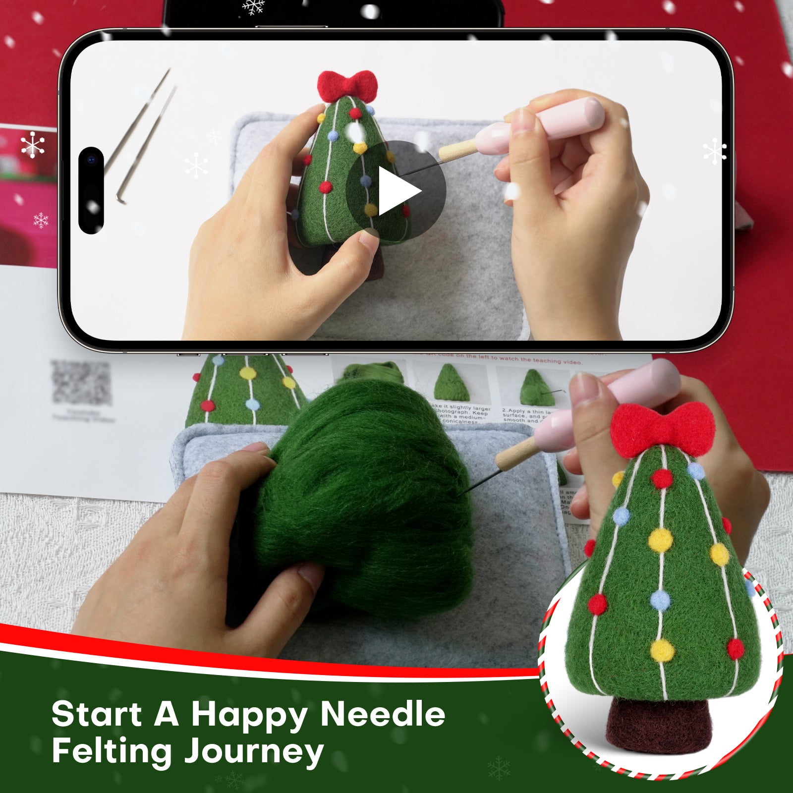 Christmas Donut, Bell, Tree and Reindeer Needle Felting Kit. Wizardi DIY Wool Craft Kit F07N8-Z-11