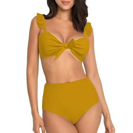 Baqcunre Bikini Sets for Women  Tween Women Swimsuit Two Piece Bikini Sets with Chest Pad  Women s Swimwear One Set Yellow 2XL