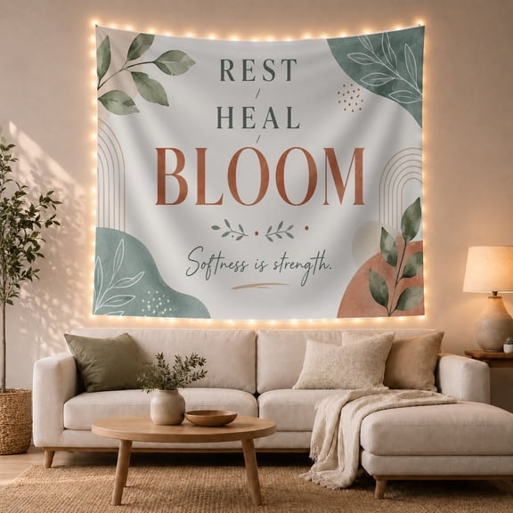 Rest Heal Bloom Typography with Green Leaves, Calming Watercolor Style for Motivational Decor Lovers, Wall Art, Thank You Gift, Tapestry Wall Hanging for Bedroom and Dorm