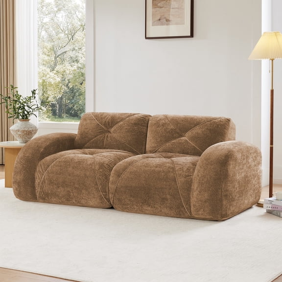 2-Seater Tufted Sofa Couches with Boneless Sofa, Soft Velvet Fabric, Bottom Anti-Slip Design, 32D High Density Sponge, Ergonomic Design Bottom, No Assembly Required, Fits Living Rooms (Camel)
