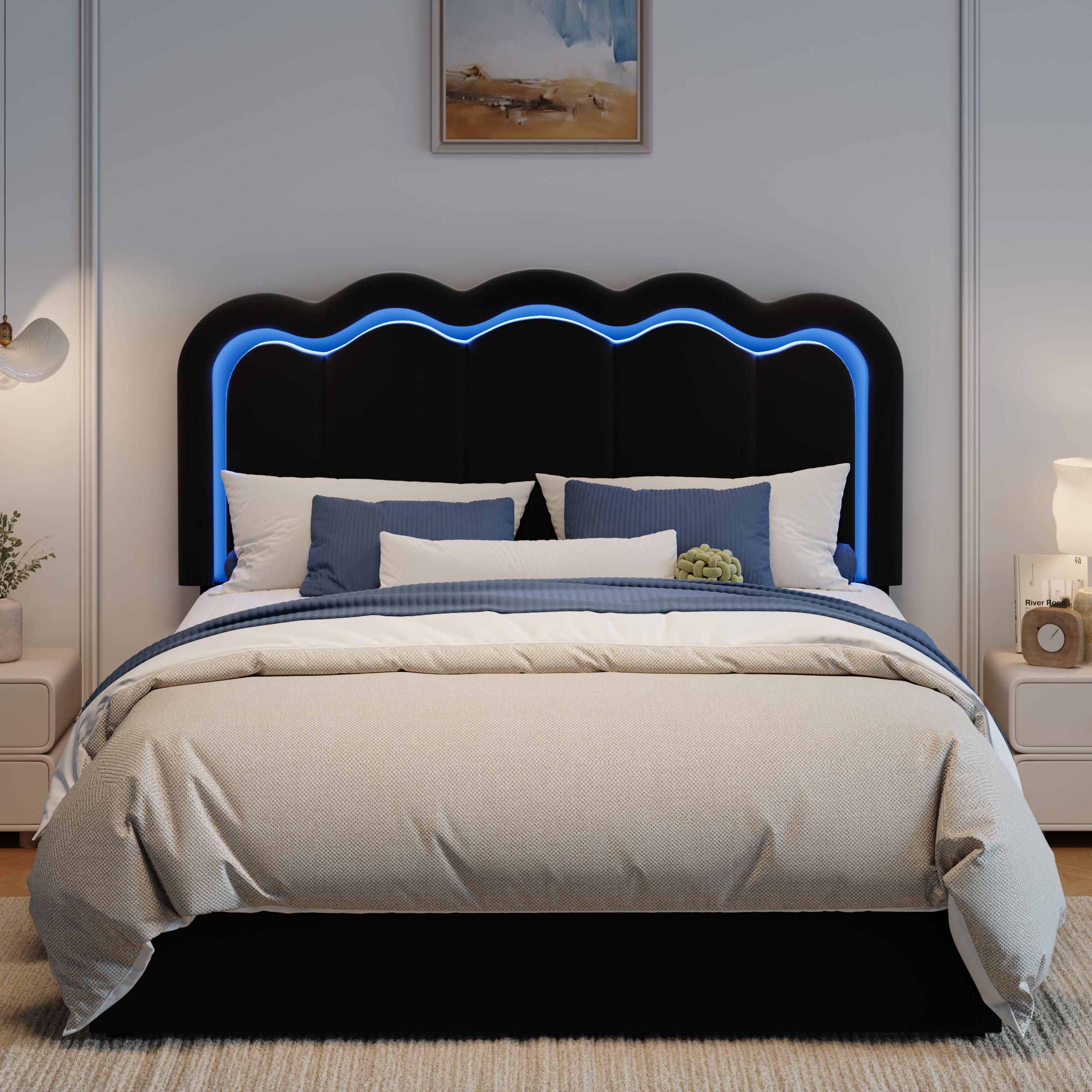 Amolife Full Size LED Bed Frame with Drawer, Platform Bed with Velvet Upholstered Adjustable Wavy Headboard, Black