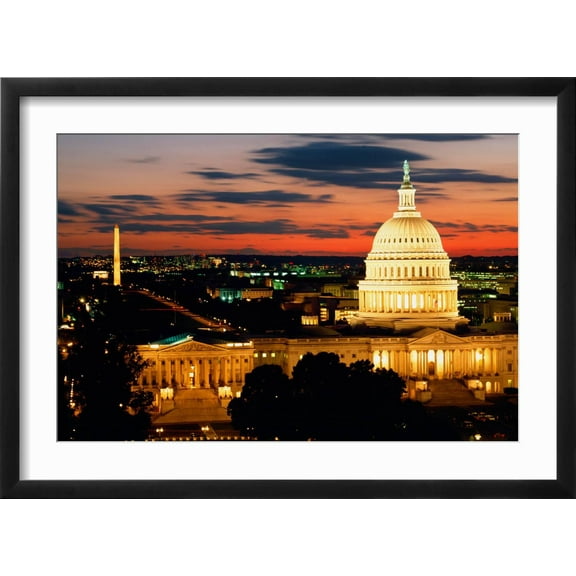 Art.com High angle view of a city lit up at dusk, Washington DC, USA Photographic Print, Black Frame Wall Art, 23" x 17"