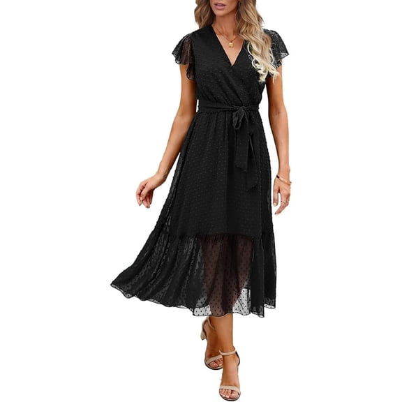 FreshPrettyWomen Summer Bohemian Floral Casual Wrap V Neck Ruffle Cap Sleeveless Belt A-Line Pleated Hem Midi Sun Dress White