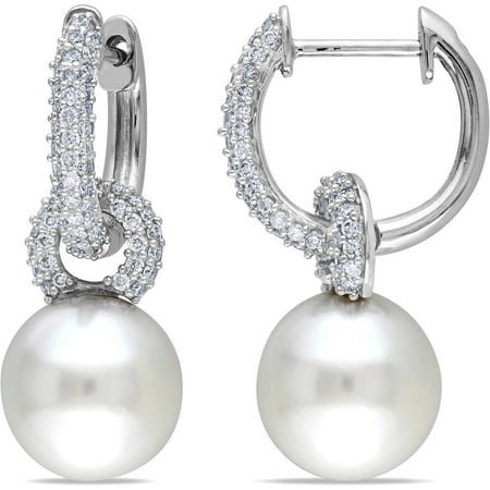 Miabella 9-9.5mm White Round South Sea Pearl and 1/2 Carat T.W. Certified Diamond 14kt White Gold Hoop Earrings